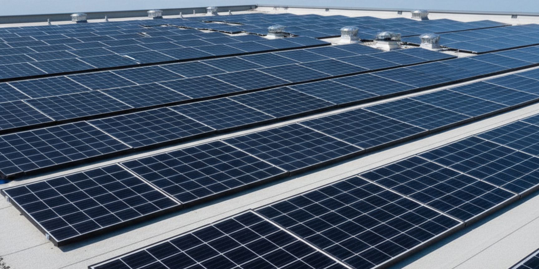 Close-up of a modern photovoltaic system on the roof of a logistics hall with a clear blue sky in the background, illustrates energy efficiency and renewable energies as a core aspect of BREEAM certification.